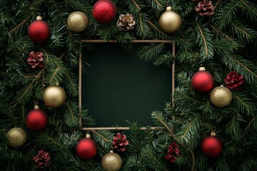 A lush circular wreath composed of evergreen branches and vibrant red ornaments is surrounded by pinecones, embodying a traditional festive aesthetic.