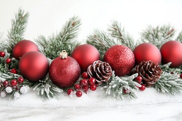 Elegant red baubles and frosted pine branches are beautifully arranged alongside pinecones and...