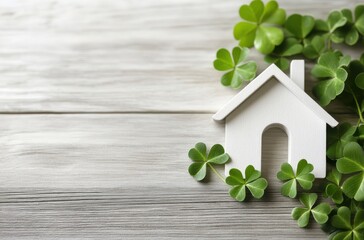 White Wooden House Figurine Surrounded by Fresh Green Shamrocks on a Rustic Wooden Table for St. Patrick's Day Home Decor and Celebration Themes