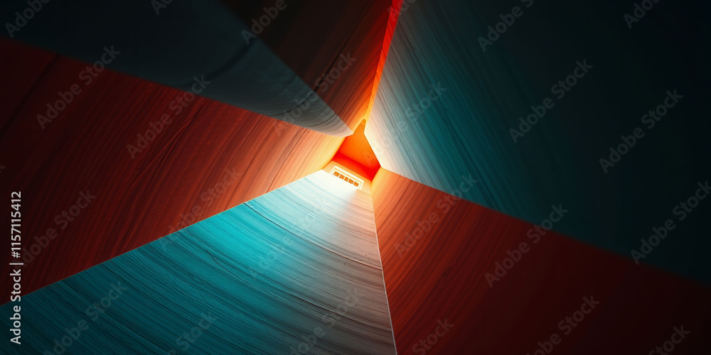 Poster a spiral shaped tunnel with a red light shining through it. the tunnel is made of a combination of r