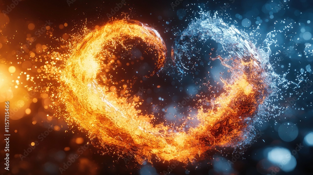 Poster a dynamic representation of fire and water forming a heart shape, symbolizing duality.