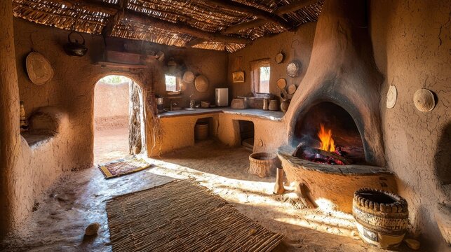 Rustic adobe home interior with fireplace.