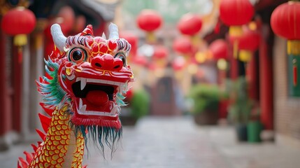 A colorful dragon head with lanterns on a traditional street, representing the celebration of Chinese New Year.