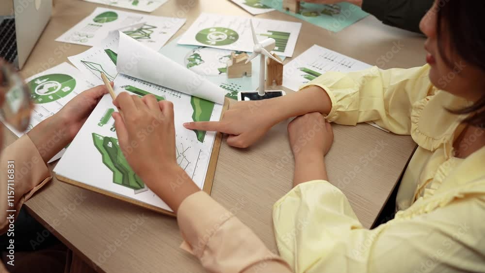 Poster business team analyze green power graph usage. coworker with windmill model represented using clean 