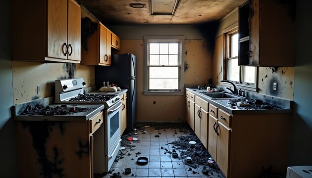 Damaged kitchen interior after fire. Sooty walls, charred debris scattered throughout room. Kitchen appliances, cabinets badly burned. Disaster scene shows extent of fire damage. Home renovation