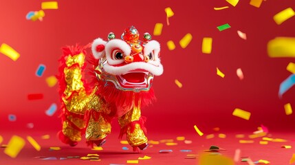 Naklejka premium In a lively urban festival, the Chinese New Year lion dance celebrates wealth and fortune, creating a colorful, festive environment that emphasizes cultural importance.