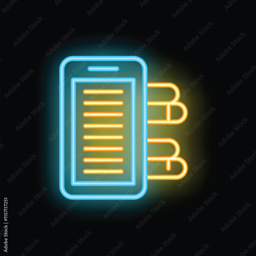 Poster glowing neon icon of a smartphone sending text messages, ideal for technology and communication conc