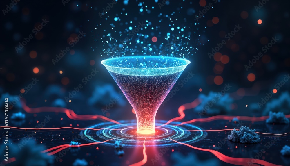 Aufkleber Digital funnel visualizes data flow. Big data processing shown as information flowing through funnel. Analysis, transformation of raw data. Modern technology concept for data management. Abstract