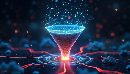 Digital funnel visualizes data flow. Big data processing shown as information flowing through funnel. Analysis, transformation of raw data. Modern technology concept for data management. Abstract