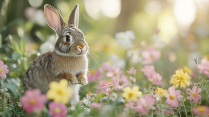 Obraz premium Cottontail rabbit standing in field of colorful flower