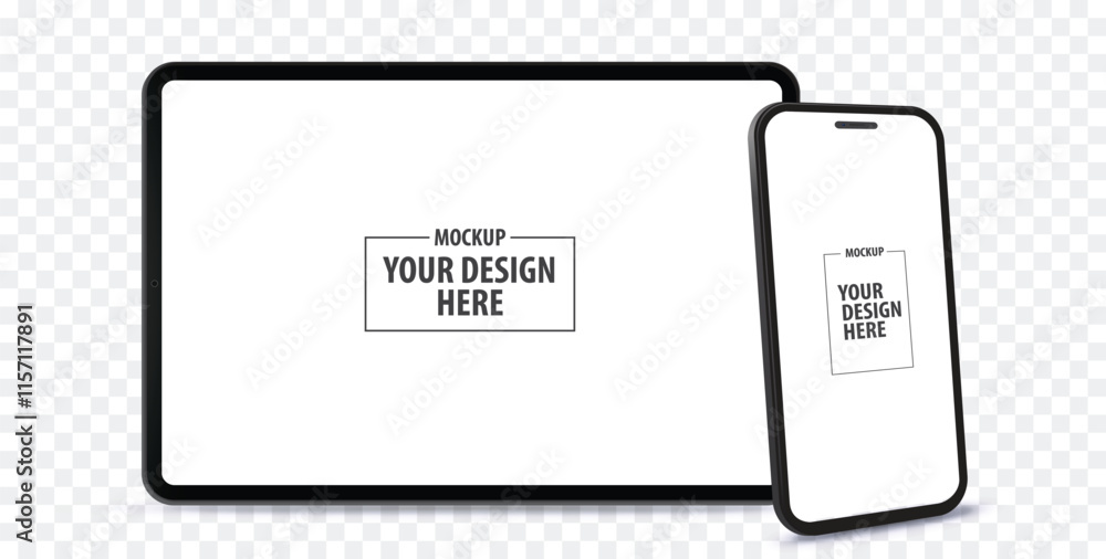 Poster horizontal tablet computer and vertical mobile phone vector mockup with perspective view. blank scre