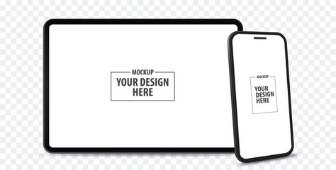 Horizontal Tablet Computer and Vertical Mobile Phone Vector Mockup With Perspective View. Blank screen digital devices isolated on transparent background.