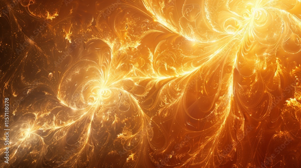 Poster a vibrant fractal design with swirling patterns and glowing elements in warm colors.