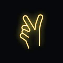 Fototapeta premium Glowing neon illustration of a hand extending two fingers upward in a v shape against a dark background