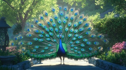 Obraz premium A majestic peacock displaying its fully fanned-out tail feathers, shimmering with iridescent blues and greens, standing in a manicured garden.