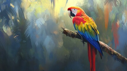 A striking macaw perched on a tree branch, its bright red, yellow, and blue feathers vivid against a soft, blurred jungle backdrop.