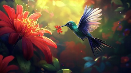 Obraz premium A tiny hummingbird hovering mid-air, its iridescent green and blue feathers catching the sunlight as it sips nectar from a vibrant red flower.