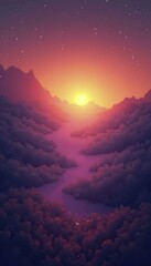 Naklejka premium Digital Twilight Landscape with Glowing Clouds and a Sunset in Purple and Orange