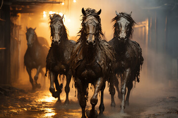 herd of horses rushes along the street among the fire,.   