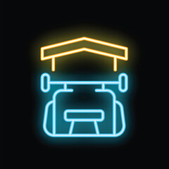 Bright blue and yellow neon sign of a cable car is glowing on a black background