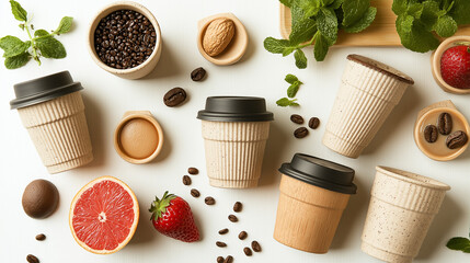 Professional Flat Lay of Eco-Friendly Reusable Coffee Cups, Styled for a Brand Advertisement