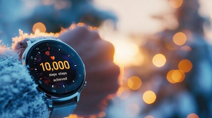 A close-up of a fitness tracker displaying "10,000 steps achieved" during a winter morning walk.