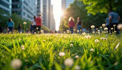 Urban green space flourishes with vibrant wildflowers in city center. People stroll through park in sunny day. Rich green plants offers biodiversity amidst busy city. Eco friendly design solution for