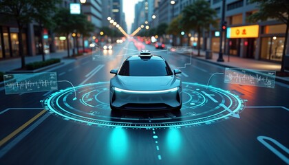 Autonomous vehicle drives on city street at night. Tech info displays show car data on road. Futuristic car navigates with advanced tech. Modern eco car on busy urban road. Modern transportation