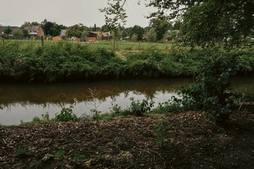 A small river meanders through the greenery of the park, creating a serene atmosphere
