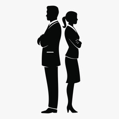 Vector Silhouette of a Man and Woman Standing Back-to-Back in Formal Attire