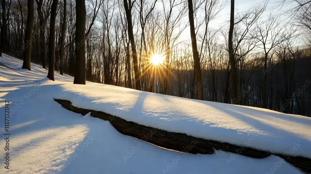Poster a snow covered hill with a log in the snow. the sun is setting and casting a shadow on the log