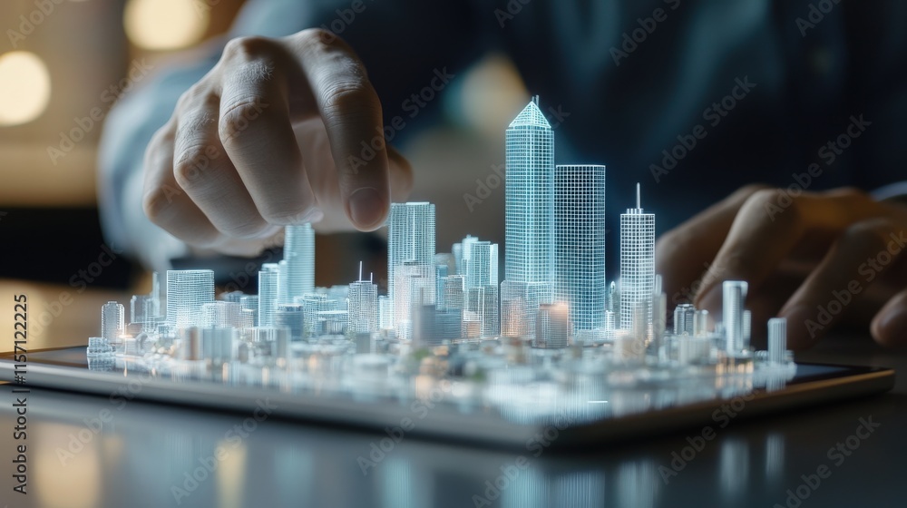 Aufkleber futuristic urban planning concept with hands using digital interface for city design and development