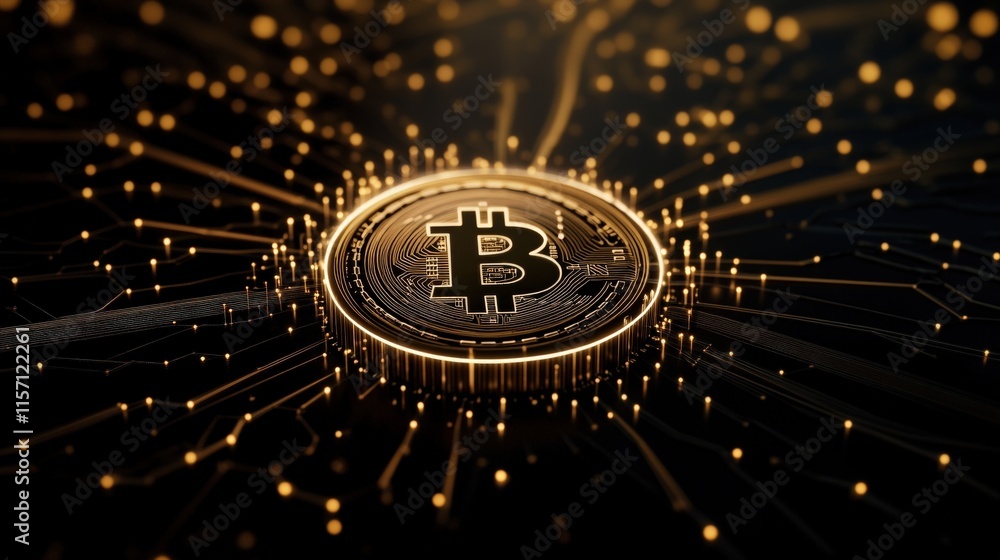 Poster Glowing Bitcoin Coin Surrounded by Radiating Digital Connections with Bright Particles, Symbolizing Cryptocurrency and Blockchain Technology in a Futuristic Setting