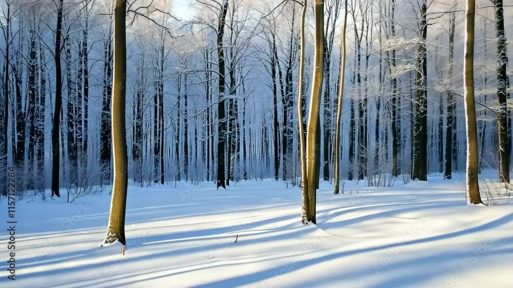 Poster a snowy forest with trees covered in snow. the trees are bare and the snow is deep. the scene is pea