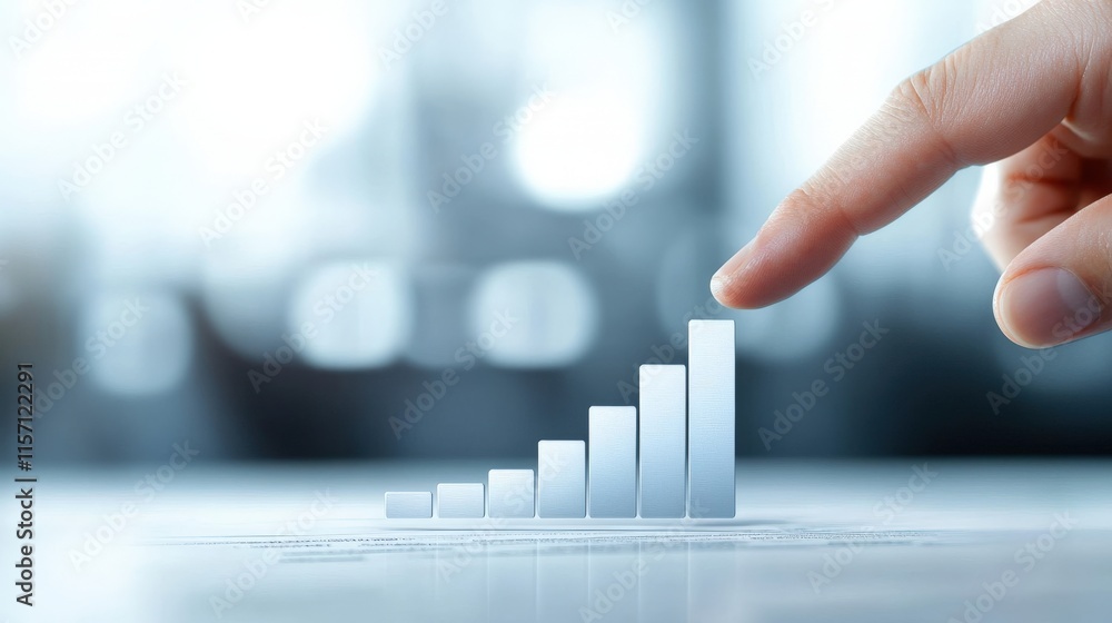 Poster Hand Approaching a Rising Bar Graph Symbolizing Growth and Progress in Business with Blurred Background for Dynamic Financial Presentations and Reports