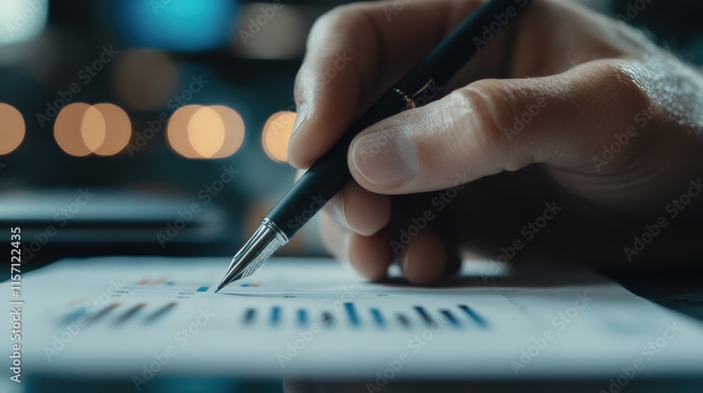 Poster Close-Up of a Business Professional Using a Pen to Analyze Data on a Financial Chart in a Stylish Office Setting with Blurred Background Elements