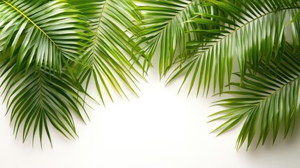 Lush green palm fronds frame white background.