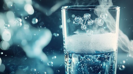 Fizzy drink in glass with molecule graphic and steam.