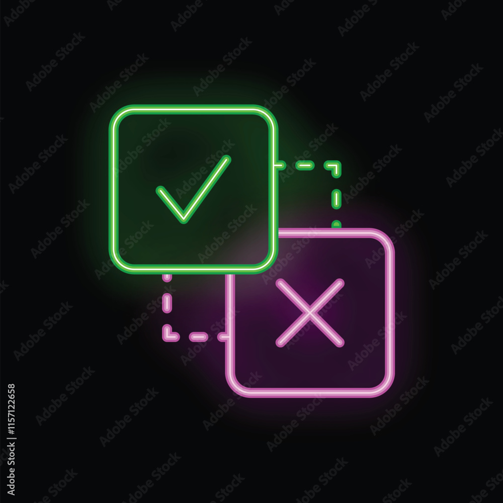 Poster green and purple neon square signs showing checkmark and x mark connected with dotted line symbolizi