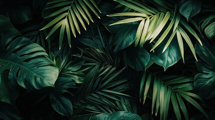 Lush tropical foliage background, dark green leaves.