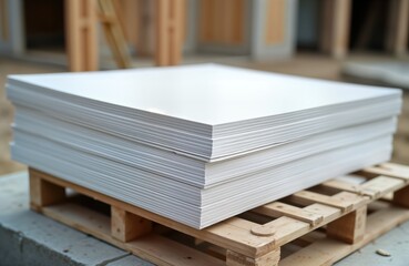 Fototapeta premium Stack of drywall sheets on wooden pallet at construction site. Building material ready for installation. Drywall panels white. Construction site wooden structures. Interior exterior wall renovation.