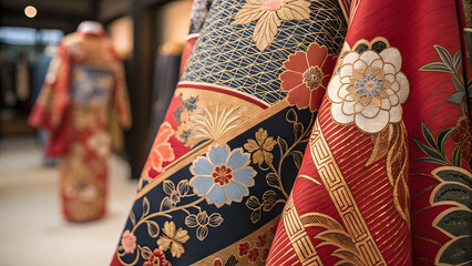 A detailed close-up of traditional Japanese kimono fabrics, showcasing intricate floral and geometric patterns in vibrant reds, blues, and golds