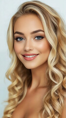 Fototapeta premium AI-generated woman portrait blonde supermodel with long curly hair smiles for the camera.