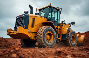 Powerful yellow heavy construction vehicle moves earth at construction site. Large earthmoving machine levels ground. Construction machinery works hard for development project. Industrial equipment