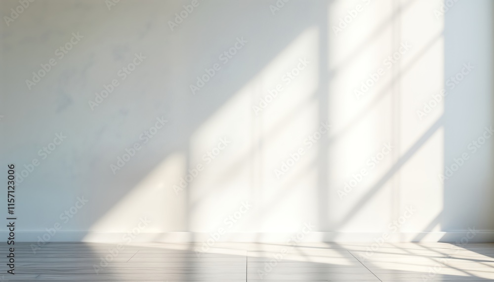 Poster Empty interior studio setting with white wall, grey floor. Sunlight casts soft shadows from window. Blank space for product placement text insertion. Modern design, minimalist aesthetic ideal for