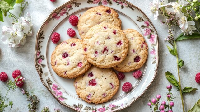 Delicious raspberry cookies on a floral plate.