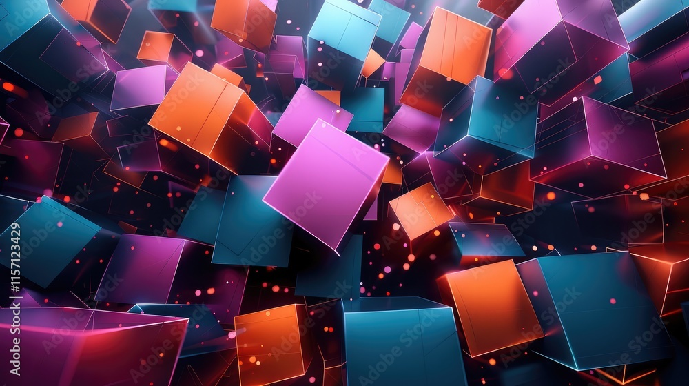 Poster abstract geometric shapes, metallic and neon surfaces, floating in a dark void, futuristic and high-