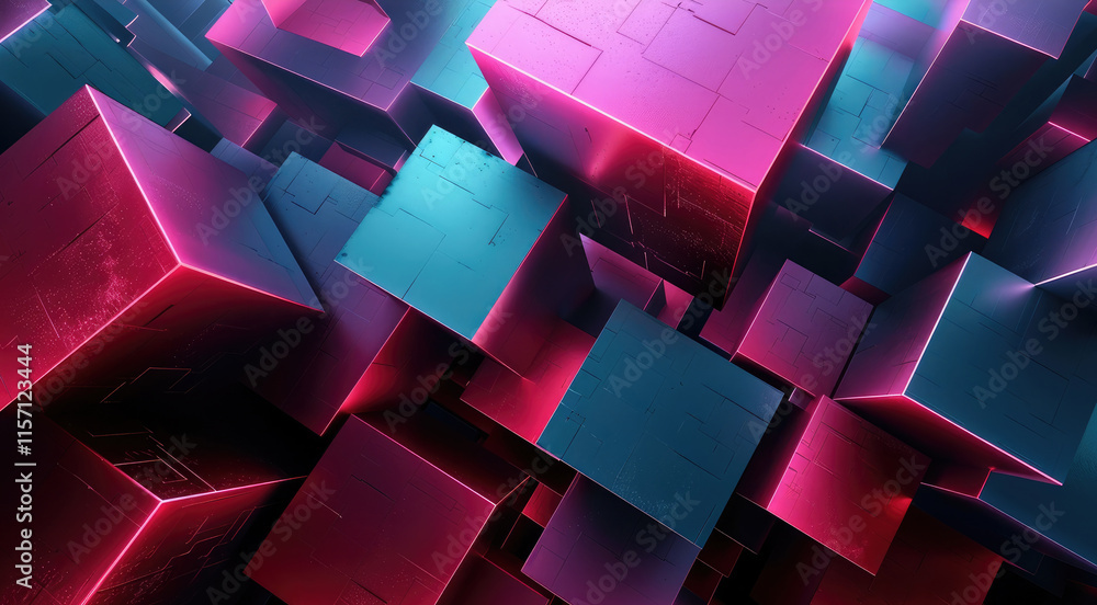 Poster Abstract geometric shapes, metallic and neon surfaces, floating in a dark void, futuristic and high-tech ambiance, sharp contrasts.