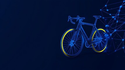 A digital bike graphic with smart mobility data, representing services for renting bikes online, urban transport systems, and eco-friendly travel.