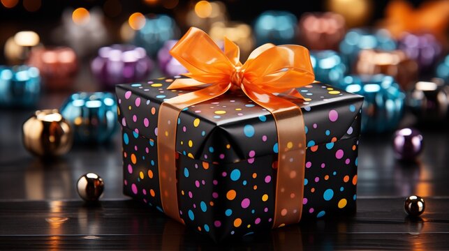 A black gift box wrapped with colorful rainbow bows, suitable for birthday celebrations or special occasions